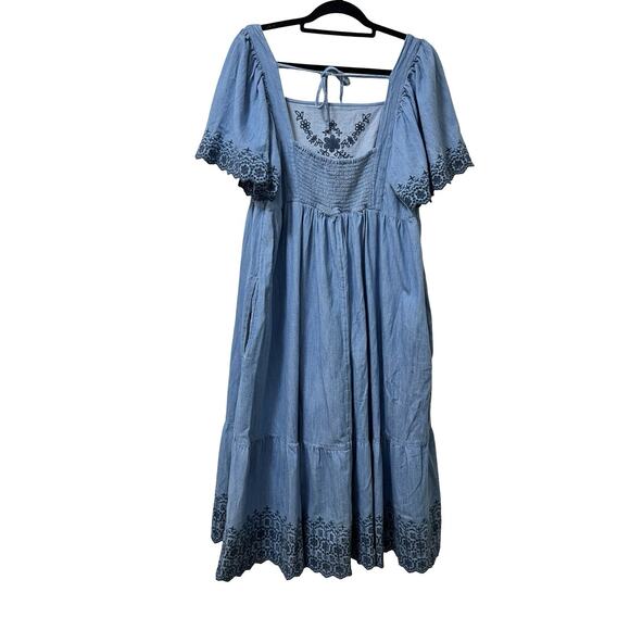 Old Navy Floral Embroidered Denim Square Neck Midi Dress Size 2X Blue Boho - Picture 2 of 8